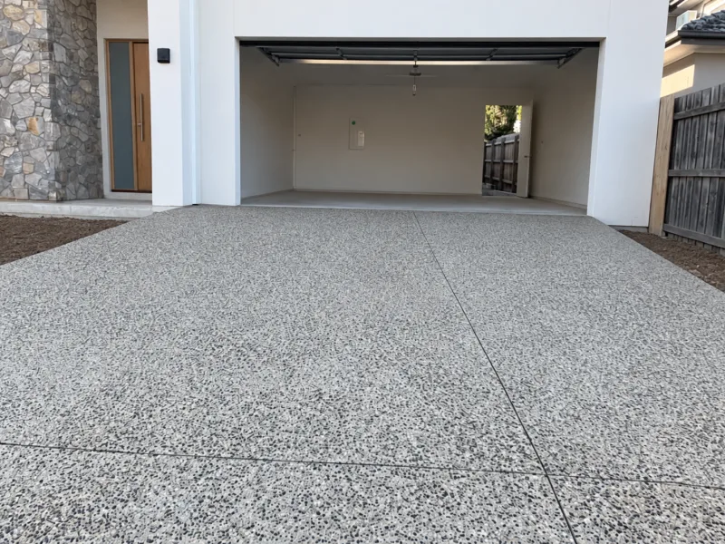 Exposed aggregate driveway and apron running into a garage